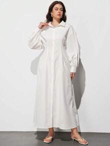 Maija Plus Size Women's Silky White Shirt Collar Long Puff Sleeve Cinched Waist Flared Hem Dress,Autumn Smart Casual Everyday Urban Business Modest Outfits - White - View 2