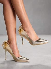 CUCCOO SZL 女士时尚高跟尖头蝴蝶结高跟鞋，适合通勤、约会、派对、婚礼等场合，春季鞋履，春假、复活节、舞会、圣诞节等场合皆宜。 - 金色1 - 查看 8