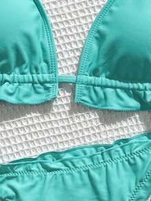 SHEIN Swim Summer Beach Frill Triangle Tie Side Bikini Set - Mint Blue - View 6