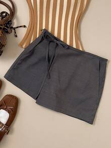 Muvela Spring/Summer New Gray One-Piece Layered Tie-Up Bow Design Sweet Cute Collegiate Style Women Skirt Shorts - Dark Grey - View 1