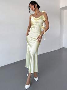 Firerie 女士优雅简约精致浪漫性感端庄宴会假日派对约会婚礼宾客生日派对度假深V露背3D印花奶油黄连衣裙 - 淡黃色 - 查看 8