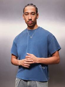 PLAYBOY X SUMWON Essentials Washed Boxy Short Sleeve Crew Neck Tee With Bunny Print And Script Text - Blue - View 4