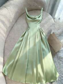 Elenzga 新款法式方领收腰缎面垂褶优雅修身派对连衣裙，女士 - 綠色 - 查看 1