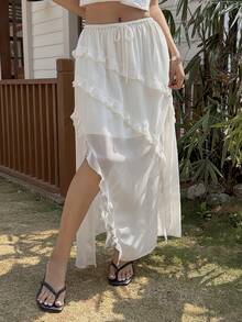 Livesso Spring & Summer White Ruffled Asymmetric Hem Casual Vacation Beach Chiffon Skirt, Elegant For Commuting, Romantic, Wedding - White - View 4