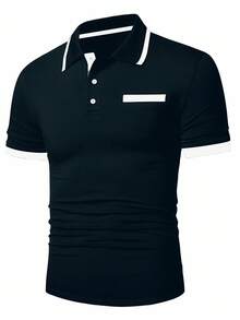 Manfinity Mode Áo Polo nam tay ngắn phối màu tương phản, kiểu dáng thường ngày, thích hợp đi làm. - Màu xanh hải quân - Xem 4
