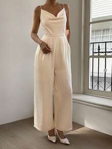DAZY Damen eleganter einfarbiger ärmelloser Romper mit weitem Bein, Sommer Romper - Beige - Übersicht 3