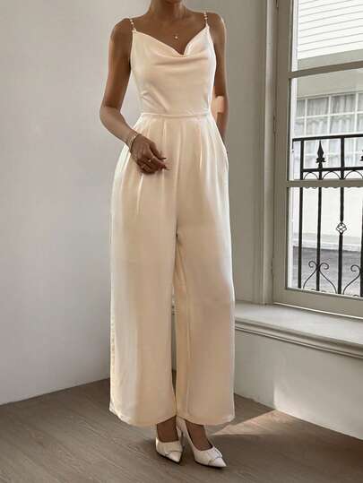 DAZY Women's Elegant Solid Color Sleeveless Wide Leg Jumpsuit, Summer