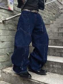 Manfinity EMRG 男士休闲时尚街头风破洞宽松喇叭牛仔裤，适合日常通勤，男士超大码牛仔裤，Y2K风格男士牛仔裤 - 深色水洗藍 - 查看 6