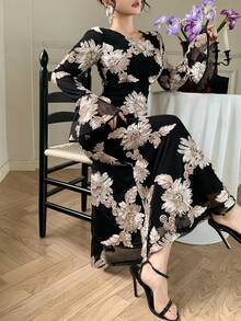 DAZY Women's Floral Applique Elegant Fitted Long Sleeve Dress - Black - View 8