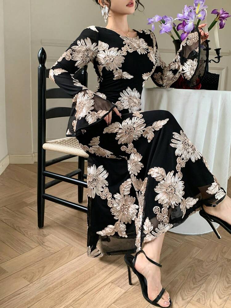 Women's Floral Applique Elegant Fitted Long Sleeve Dress Sundress Summer