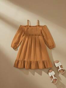 SHEIN 1pc Casual Muslin Dress With Pleated Gathered Bust Detail, Apricot Tan Brown, Autumn Orange, Matching Family Vacation Fall Dress For Young Girls - Brown - View 1