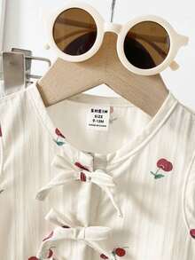 SHEIN 2件套女婴幼儿/新生儿0-3岁春夏休闲甜美日常度假条纹梭织无袖上衣和阔腿裤套装 - 杏色 - 查看 3