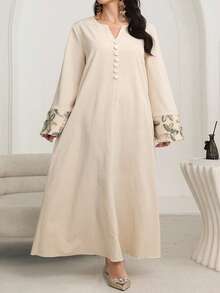 Al Najma فستان أنيق بأكمام طويلة وطبعات زهور على شبكة قماش، بأسلوب عربي أنيق، مقاسات كبيرة للنساء، موسم الخريف/الشتاء، بلون المشمش - لون مشمشي - مشاهدة 5