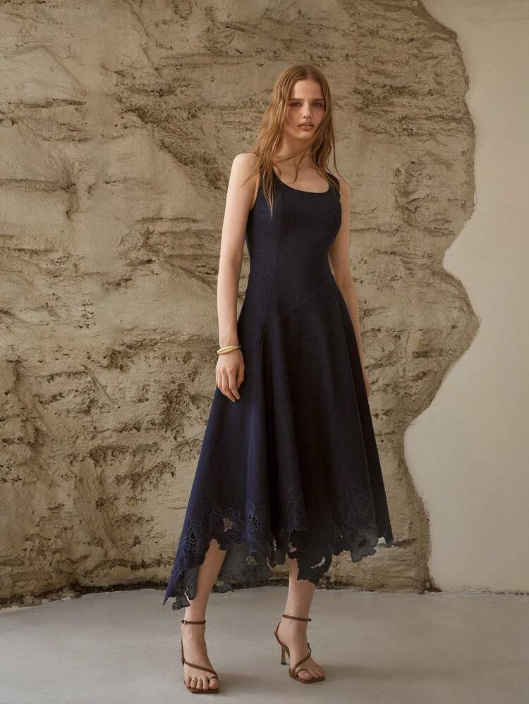 WOMEN'S SPRING/SUMMER NATURAL ASYMMETRIC A-LINE HOLLOW OUT EMBROIDERED MIDI DENIM DRESS