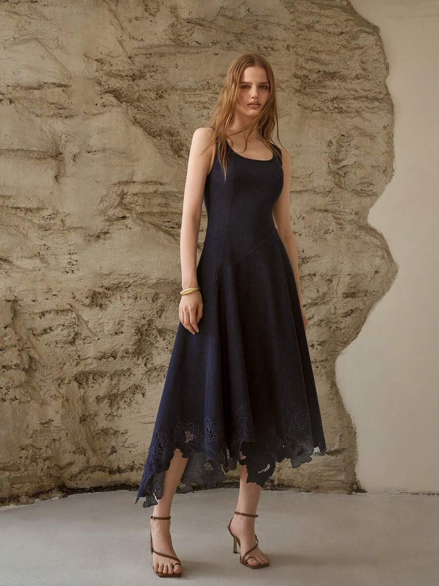 MOTF PREMIUM WOMEN'S SPRING/SUMMER NATURAL ASYMMETRIC A-LINE HOLLOW OUT EMBROIDERED MIDI DENIM DRESS - Navy Blue - View 2