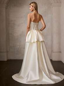 MOTF Soiréza WOMEN'S ELEGANT FORM-FITTING STRAPLESS MAXI SATIN DRESS – RUFFLED NECKLINE, CHEST RUCHING, MERMAID HEM WITH SUPER FULL TRAIN | PERFECT FOR WEDDINGS, GALAS, VALENTINE'S & ANNIVERSARY - Apricot - View 8