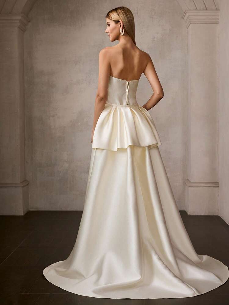 MOTF Soiréza WOMEN'S ELEGANT FORM-FITTING STRAPLESS MAXI SATIN DRESS – RUFFLED NECKLINE, CHEST RUCHING, MERMAID HEM WITH SUPER FULL TRAIN | PERFECT FOR WEDDINGS, GALAS, VALENTINE'S & ANNIVERSARY