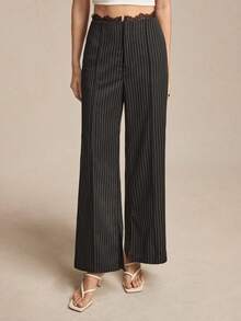 BizChic New Spring/Summer Black Striped Waistband Lace Trim Patchwork Slit Side Pocket Women's Pants - Black - View 6