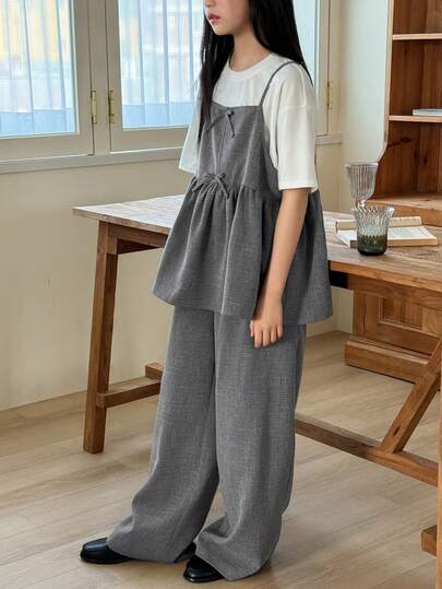 DAZY Tween Girls Solid Color Spaghetti Strap Bow Decor Dotted Ruffle Trim Blouse Set