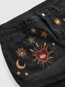 ROMWE Grunge Punk Quần short denim cỡ lớn ống rộng thêu hình ngôi sao và mặt trăng phong cách Y2K. - màu đen - Xem 2