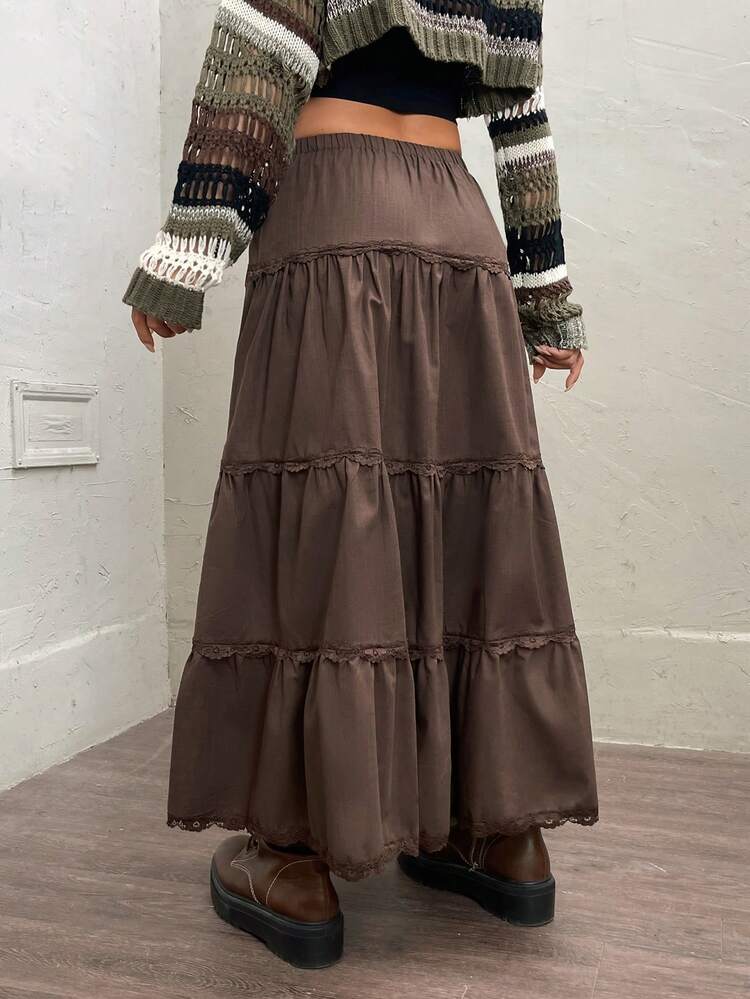 Solid Ruffle Hem Lace Trim Skirt