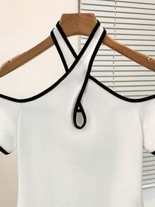 GlowEve Women's Contrast Trim Off Shoulder Fashion T-Shirt, Summer - Black and White - View 6