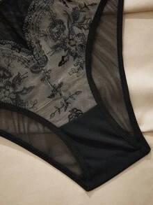 Charlaine 女士两件套内衣，钢圈设计，前扣，提拉聚拢，刺绣，网纱拼接，薄纱，露背，复古浪漫 - 黑色 - 查看 4