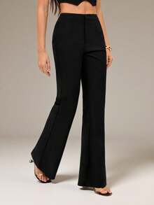 SHEIN Tall Sexy Summer Business Office Casual Solid Flare Leg Pants - Black - View 3