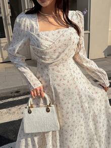 Feyla 新款复古法式浪漫花卉褶皱收腰A字连衣裙，适合日常、度假、派对等场合，尽显优雅气质 - 彩色 - 查看 5