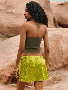 Poéselle Women's Solid Color Beaded Halter Neck Backless Fitted Tank Top,Summer Top - Army Green - View 2