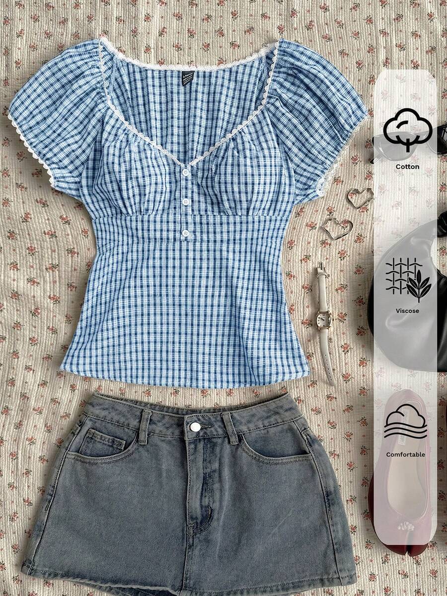 SHEIN EZwear 大码蓝白格子休闲短袖衬衫，心形领 - 藍色 - 查看 1