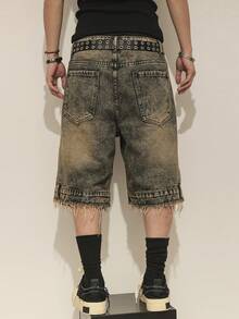 STEELVANCE Men's Casual Street Washed Distressed Letter Print Denim Shorts, Summer - Light Wash - View 2