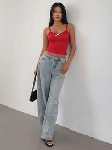 SHEIN SXY 女士红白波点蕾丝边蝴蝶结装饰吊带背心，适合情人节约会和新年派对，春夏款 - 紅色 - 查看 6