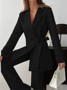 EURMUSE WOMEN ELEGANT SUIT SET WITH BELT DETAILED - Black - View 6