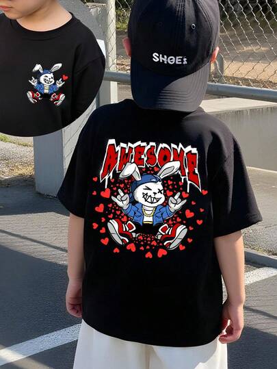 SHEIN Streecool Kids Young Boy Stylish Mr. Rabbit Graphic Tee, Casual Round Neck Short Sleeve T-Shirt, Suitable For Festivals, Parties, Spring/Summer, Lightweight And Comfortable, Ideal For Summer Wear, Fashionable Casual Outfit, Street Style, Back To School, Outdoor Picnic, Photography, Campus, Holidays, Gifts
