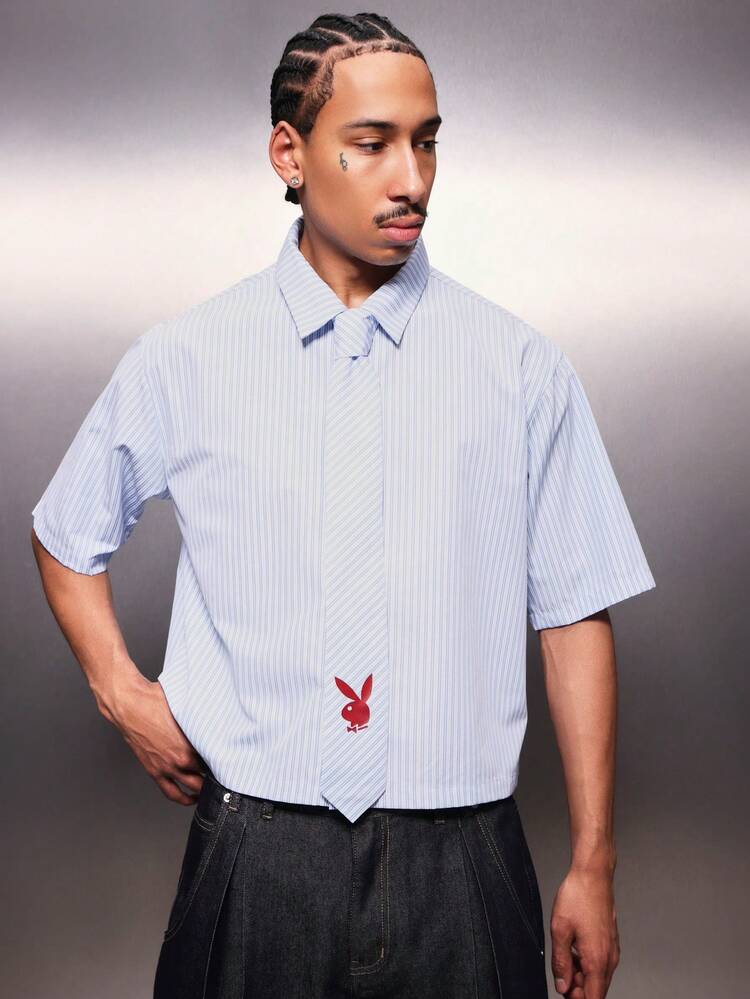 PLAYBOY X SUMWON Cropped Pinstripe Shirt With Bunny