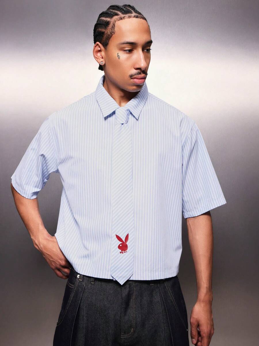 PLAYBOY X SUMWON Men's Cropped Button Down Shirt With Pinstripe Pattern And Bunny Embroidery Short Sleeve Collared Top - Blue and White - View 1