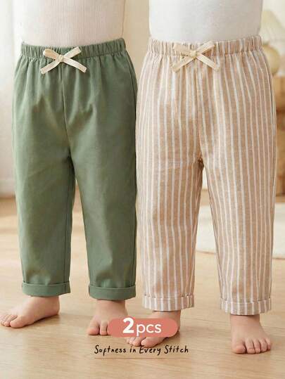 Cozy Pixies 2pcs Baby Boy Elastic Waist Pants With Decorative Ribbon