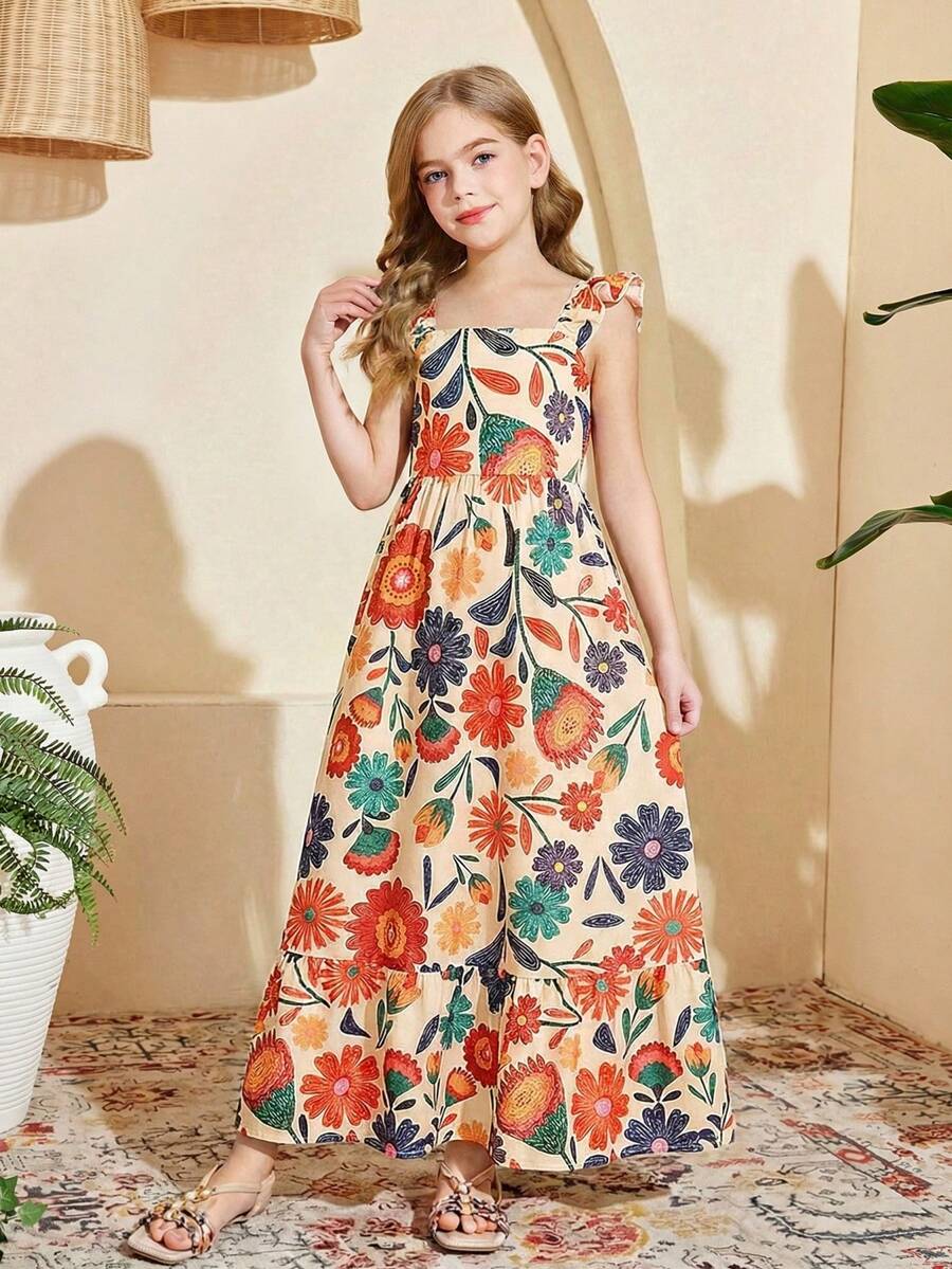 少女款梭织印花方领短袖长连衣裙,夏季连衣裙,碎花连衣裙,短袖,方领 - 珊瑚橙 - 查看 1