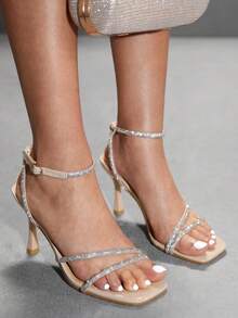 CUCCOO SZL Women Fashion Shallow Gold Rhinestone High Heel Square Toe Sandals, Suitable For Commuting, Dating, Party For Christmas - Nude 1 - View 8