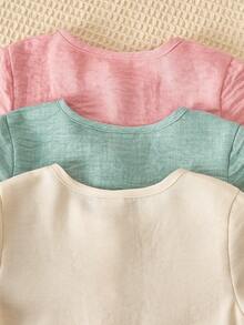 SHEIN Playful Pals 3件組女嬰可愛鈕扣前襟修身傘裙夏季休閒洋裝，粉色與綠色畢業風太陽裙套裝，適合女嬰、大童度假穿著 - 彩色 - 查看 4
