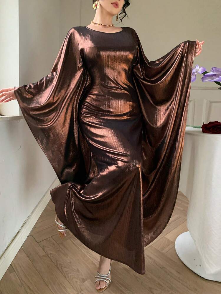Spring & Summer Shiny Brown Satin Shawl Collar Dress, Elegant For Valentine's Day, Wedding, Party, Formal Occasion, Fashion, Fitted, Flared Sleeves Sundress