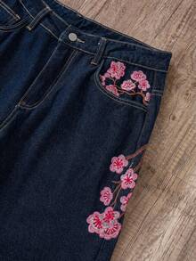 Manfinity Joysei Men's Street Fashion Casual Plaid Embroidered Floral Design Straight Leg Wide Leg Jeans - Dark Wash - View 3