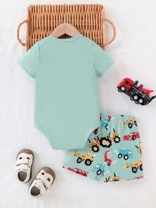 SHEIN Infant/Toddler Boys' Cute Cartoon Car Print Romper And Shorts Set, Spring/Summer - Green - View 2