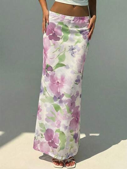 Aloruh Elegant och romantisk kjol med blommönster för kvinnor, vår/sommar