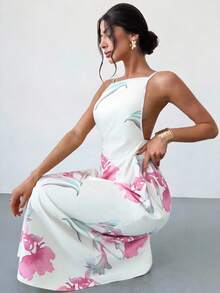 Firerie 女士纯色休闲吊带露背印花宽松夏威夷度假连衣裙，奶油黄夏季女装 - 米色 - 查看 7