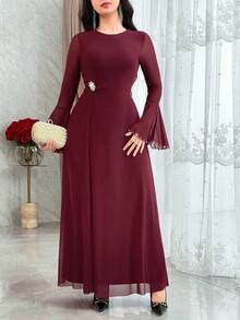 Feyla Vestido de mujer de unicolor elegante con decoración de rhinestones y mangas acampanadas - Burdeos - Ver 4