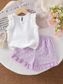 SHEIN Elladie kids Bộ đồ mùa hè dễ thương và đáng yêu cho bé gái (nhỏ): Áo hai dây dệt kim jacquard màu trắng ngà viền bèo nhún và quần short viền bèo nhún màu tím. - Màu tím - Xem 2