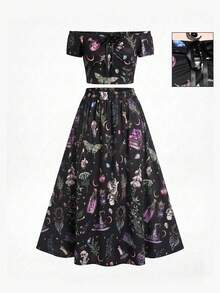 ROMWE Spring/Summer Vacation Flower Gothic Dark Magic Plant Potion & Butterfly Crystal Print Off-Shoulder Cropped Top And Skirt Set For Women - Black - View 7