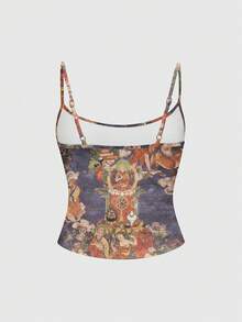 ROMWE Avant Women's Summer New Chinese Style Religious Buddhist Wall Painting Pattern Print Fitted Camisole - Multicolor - View 2